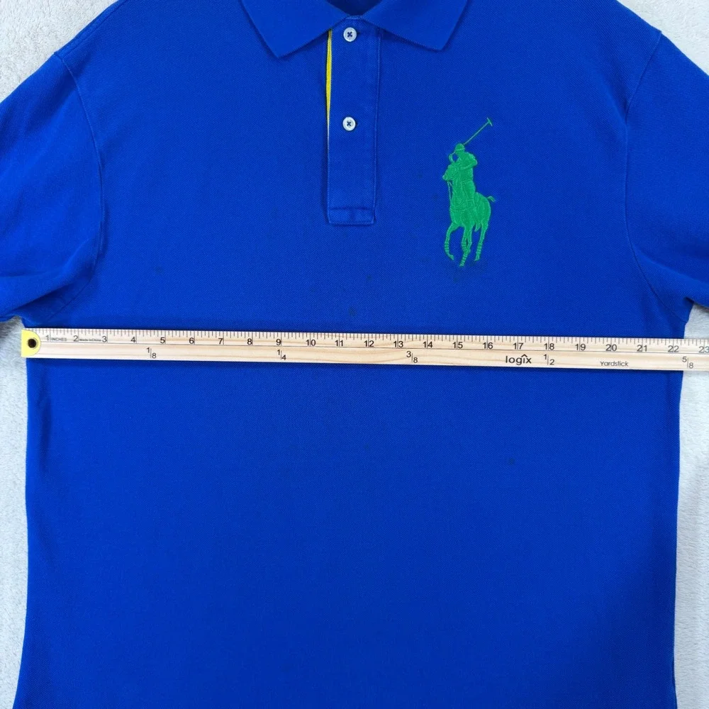 Polo Ralph Lauren Big Green Pony Blue Polo Shirt Mens LT Tall Orange 3 Patch
